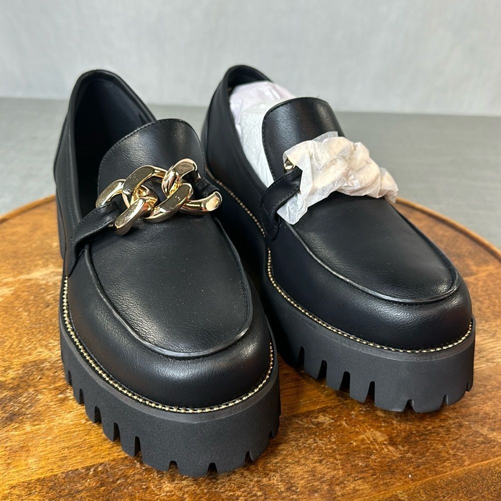 exe Shoes 40 (8.5 to 9?) Black Faux (?) Leather Chunky Platform Loafer Oxford